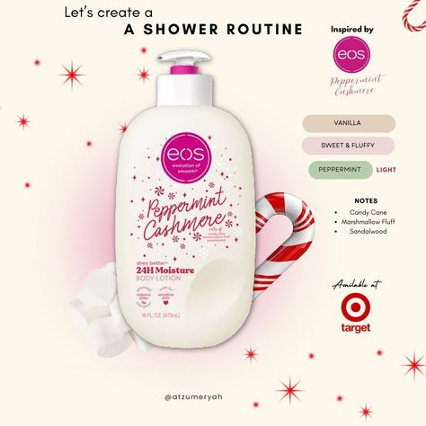 A holiday inspired routine. Featuring EOS Peppermint Cashmere Lotion. Available at @target #fragrance #bodycareproducts #eoslotion #peppermint #holidayscents #vanilla#scentcombo#gourmand#howtosmellgood #scenttok#targetfinds#layering#fragrancecollection Eos Holiday Lotion, Target Fragrance, Eos Lotion, Holiday Scents, Perfume Scents, A Holiday, Eos, Peppermint, Body Care