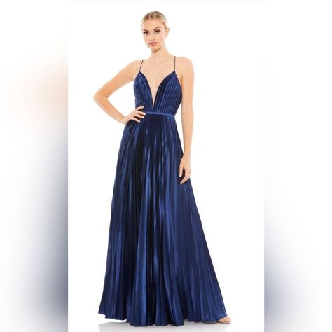 Mac Duggal Plunge Neck Pleated Evening Gown Nwt Size 8 Midnight Blue (49039) This Fully Pleated Satin Evening Gown Features A Plunging Illusion Neckline With A Sheer Mesh Inset Mid-Bust, A Criss-Cross Strappy Back, And Seam Detail At The Waist. Ieena For Mac Duggal Fully Lined Back Zipper 100% Polyester Sleeveless Floor Length Plunging Illusion Neckline Style #49039 Long Silver Dress, Baby Blue Maxi Dress, Mac Duggal Prom Dresses, Peplum Gown, Mac Duggal Dress, Cutout Gown, Satin Evening Gown, Sequin Evening Gowns, Drape Gowns