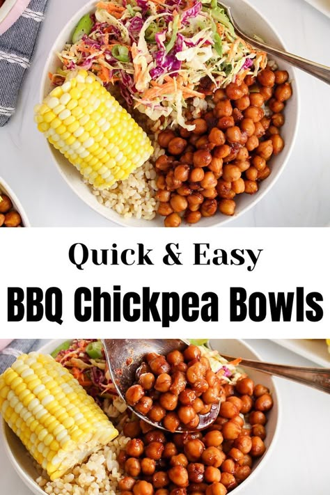 The top picture shows a bowl filled with brown rice, BBQ chickpea, a corn on the cob and a creamy coleslaw. The bottom picture shows the same bowl with a large serving spoon that's adding some BBQ chickpeas to the bowl. There is a close up on the chickpea to show their texture. Plant Based Salads Healthy, Vegetarian Appetizers Recipes, Meatless Power Bowl, Plant Based Simple Meals, Easy Vegan Whole Food Recipes, Meatless Bowls, Summer Plant Based Meals, Simple Plant Based Recipes, Whole Food Plant Based Recipes Dinners