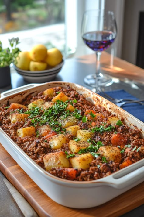 Shepherd's pie topped with fresh parsley in a white baking dish, with a glass of red wine and a bowl of lemons in the background. Mince Dishes Easy, One Pot Minced Beef Recipes, Mince Recipes For Dinner, Mince Beef Recipes Healthy, Minced Meat Recipes Easy, Savory Minced Beef Recipes, Quick Minced Beef Recipes, Mince And Pasta Recipes, Savoury Mince Recipe