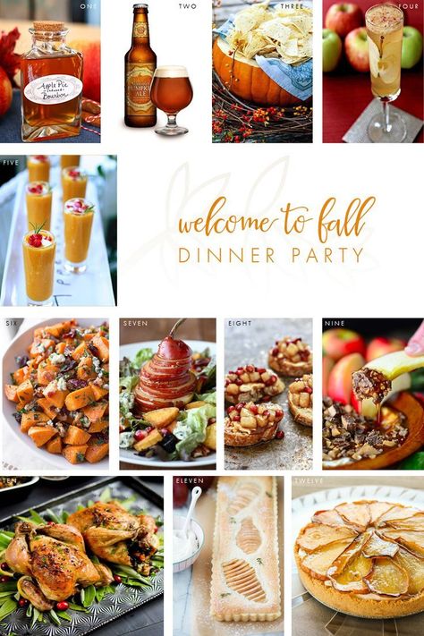 Welcome to Fall Dinner Party Menu! Throw the ultimate fall gathering this season… Welcome Fall Party, Fall Themed Dinner Party, Autumn Dinner Party Recipes, Fall Dinner Menu, Potluck Themes, Autumn Dinner Party, Dinner Party Menu Ideas, Harvest Dinner Party, Party Menu Ideas