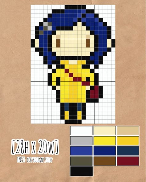 Coraline Perler Bead Patterns, Coraline Cross Stitch Pattern, Coraline Pixel Art Grid, Coraline Perler, Coraline Cross Stitch, Coraline Minecraft, Coraline Perler Beads, Hand Bag Design, Grid Crochet