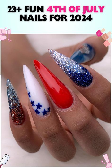 Long, pointed acrylic nails with glossy red, white, and blue glitter design featuring star details. Perfect 4th of July nails for a bold, festive look at holiday gatherings. 4th Of July Nail Designs Stilleto, Fourth Of July Nails Stiletto, 4th Of July Nails Stiletto, Almond Fourth Of July Nails, 4th Of July Nails Glitter, Red 4th Of July Nails, July Nails 2024, Red And Blue Nails Design, 4 Th Of July Nails