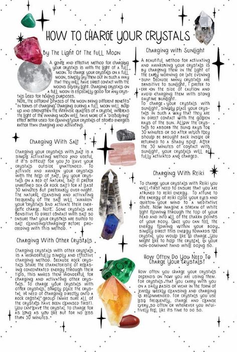 How to charge Crystals Crystals And Their Meanings, About Crystals, Crystal Healing Chart, Moldavite Ring, Wiccan Magic, Crystal Vibes, Charge Crystals, Witch Spirituality, Grimoire Book