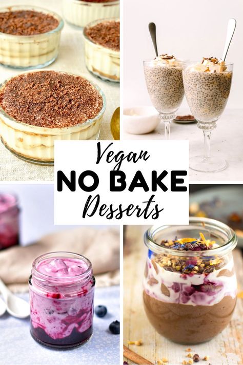 Looking for some easy to make desserts that don't require an oven? Try these yummy vegan no bake desserts! Here you'll find comforting puddings, fruity parfaits, chocolate treats and more. These recipes are quick, simple and no oven required. Vegan Fruity Desserts, Vegan Dessert Cups, No Bake Desserts Vegan, Vegan No Bake Desserts, No Oven Desserts, No Bake Vegan Dessert, Quick Vegan Desserts, No Bake Healthy, Desserts No Bake