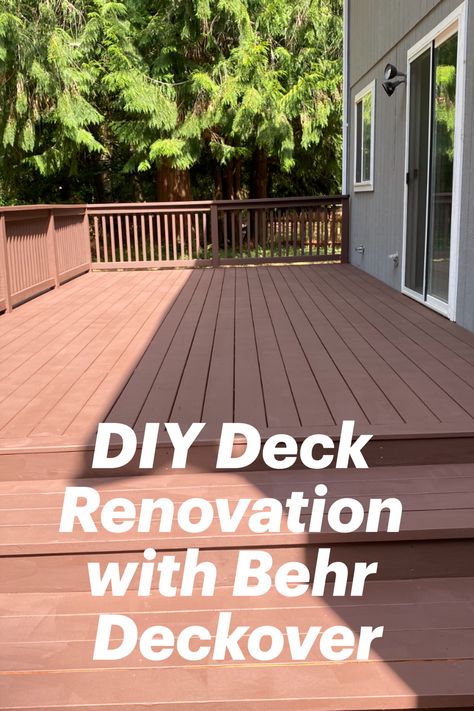 Deckover Before And After, Deck Remodel Before And After, Redo Deck On Budget, Brown Deck Paint, Deck Renovation Ideas, Behr Deck Stain Colors, Deck Painting Ideas, Painted Decks Colors Ideas, Behr Deck Over Colors Paint