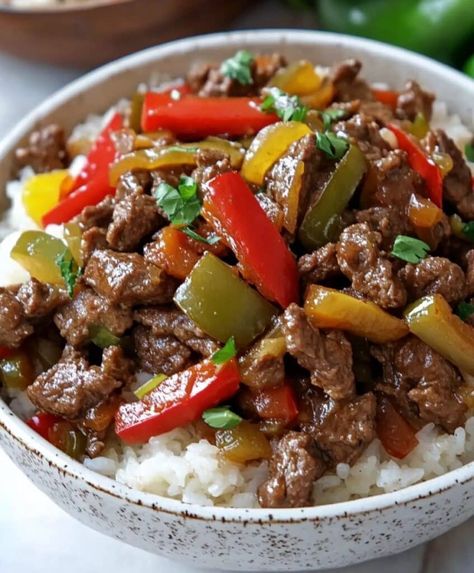 Beef And Pepper Rice Bowls Recipe Beef And Pepper Rice Bowl, Rotisserie Chicken Noodle Soup, Pepper Rice, Chicken Noodle Soup Recipe, Savory Recipe, Noodle Soup Recipe, Rice Bowls Recipes, Beef And Rice, Soup Recipes Chicken Noodle