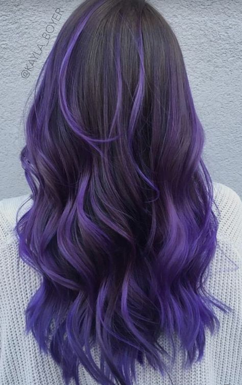 Peekaboo Hair Inspiration, Purple Highlights With Bangs, Full Hair Dye Ideas, Dyed Long Hair Ideas, Cute Hair Dye Ideas For Brown Hair, Best Colors To Dye Brown Hair, Butterfly Haircut Purple Hair, Peekaboo Purple Hair Dark Brown, Purple Highlights In Dark Brown Hair