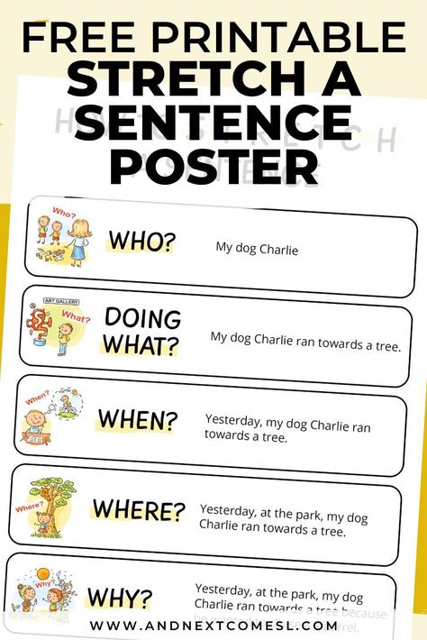 Help kids learn how to stretch a sentence using this free printable poster and blank graphic organizer worksheets that kids can fill in. #writing #homeschool #homeschooling #printables Stretching A Sentence Anchor Chart, Stretch The Sentence Writing Activities, Stretch Sentences Activities, Stretching Sentences Activities, Stretch A Sentence Worksheet, Stretch A Sentence Activities, Sentence Building Activities 3rd Grade, Sentence Stretching Worksheets, How To Stretch A Sentence