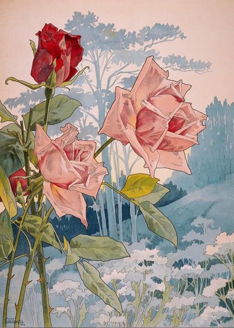 Art Nouveau Flowers Illustration, Fleurs Art Nouveau, Art Nouveau Illustration, Art Nouveau Flowers, Academic Art, Art Nouveau Floral, July 2022, Japanese Woodblock Printing, Floral Artwork