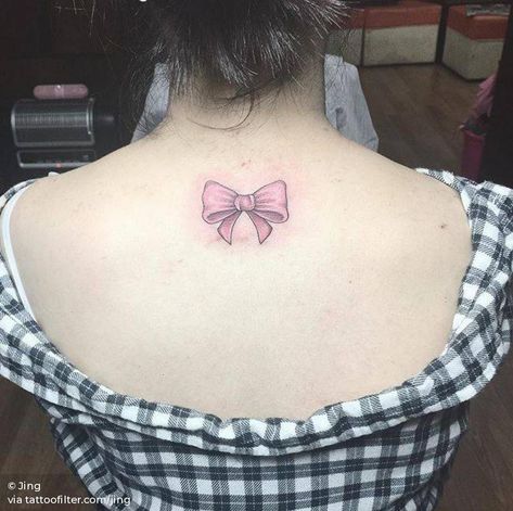 Bow tie tattoo on the upper back. Tie Tattoo, Bow Tie Tattoo, Upper Back Tattoos, Explore Tattoo, Awesome Tattoo, Small Love Tattoos, Female Tattoo Artists, Temporary Tattoo Designs, Back Tattoo Women