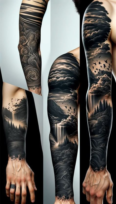 Sleeve Cover Up Tattoo Men, Forest Tattoo Sleeve, Arm Cover Up Tattoos, Forearm Cover Up Tattoos, Cover Up Tattoos For Men, Tattoo Homme, Viking Tattoo Sleeve, Nature Tattoo Sleeve, Lion Tattoo Sleeves