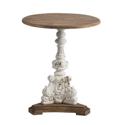 Farmhouse style meets elegant, classical craftsmanship with this accent side table. It has a wide round tabletop for hand curated decorations, vases, photos, and more. White Round Side Table, Country Style Furniture, Rustic End Tables, Classic Vintage Style, Round Accent Table, Accent Side Table, A&b Home, Wood End Tables, Table Ronde