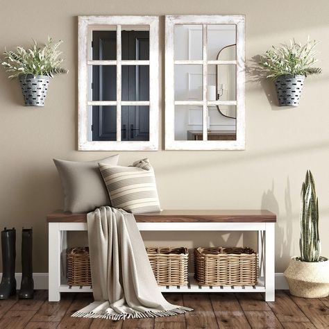 Amazon.com: Barnyard Designs 24x40 Windowpane Wood Farmhouse Wall Mirror, Large Rustic 6 Pane Rectangle Window Frame Vintage Decor, Entryway Hallway Mirror (Whitewash) : Home & Kitchen Windowpane Mirror, Rustic Window Frame, Decorating Mirror Frames, Farmhouse Wall Mirrors, Mirror Decor Living Room, Wooden Window Frames, White Wood Wall, Living Room Table Sets, Rustic Wall Mirrors