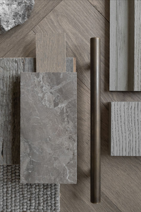 A collection of elegant, rustic textures in muted grey hues with cool undertones, inspired by wild alpine landscapes. Colour Pairing, Jewelry Mood Board, Materials Board Interior Design, Mood Board Interior, Kitchen Mood Board, Entry Design, Modern Mountain Home, Cottage Inspiration, Material Board