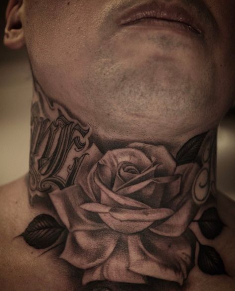 Tatoos Men Throat, Middle Of Neck Tattoo Men, Big Neck Tattoo Men, Center Neck Tattoo Men, Neck Tattoo For Guys Rose, Rose Throat Tattoo Men, Rose Throat Tattoo, Rose Neck Tattoo Men, Throat Tattoo Men Design