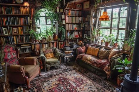 12 Witchy Living Room Interior Designs For Your Inspiration! - My Decor Inspo Whismgothic Living Room, Witchy Home Interior, Dark Academia Sunroom, Whimsigoth Library, Whimsigoth Decor Living Room, Witch Aesthetic Living Room, Dark Home Decor Cozy Living, Grandma Core Living Room, Cozy Dark Aesthetic