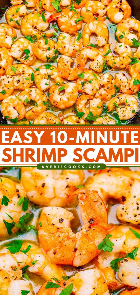 10-Minute Easy Shrimp Scampi — If you thought shrimp scampi was just a dish to order out at a fancier restaurant, think again. You can make mouth-watering shrimp scampi at home in less than 10 minutes!! Shrimp Dinners Easy, Healthy Seafood Dishes, Easy Shrimp Scampi Recipe, Easy Shrimp Scampi, Honey Barbecue, Averie Cooks, Shrimp Scampi Recipe, Seafood Recipe, Juicy Shrimp