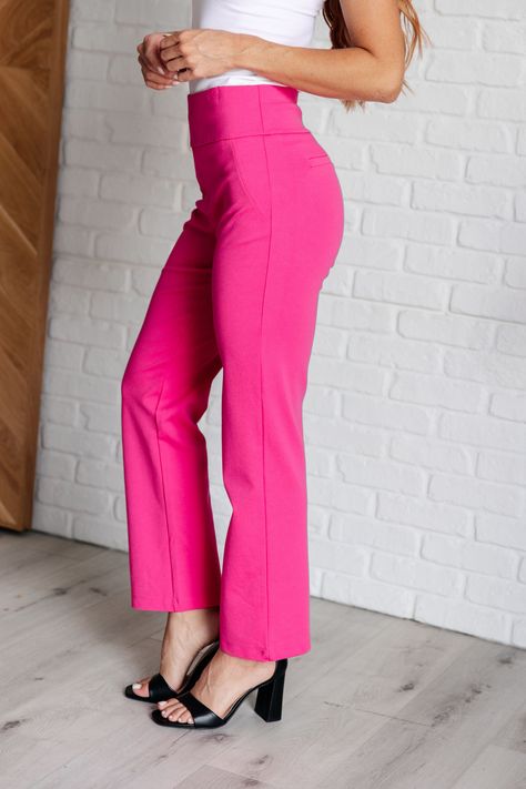 Introducing our Magic Straight Pants in Hot Pink! Made with Ponte Knit fabric, these slim fit pants have an elastic waistband for ultimate comfort. Featuring faux welt pockets, a vented hem, and straight leg silhouette, these pants will elevate any outfit. Upgrade your wardrobe with these magically flattering pants! Po Hot Pink Pants Outfit, Pink Pants Outfit, Hot Pink Pants, Outfit Upgrade, Flattering Pants, Straight Clothes, Athleisure Tops, Ootd Outfits, Pink Men