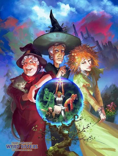 Granny Weatherwax, Nanny Ogg and Magrath - the three witches from Wyrd Sisters by Terry Pratchett Discworld Characters, Wyrd Sisters, Terry Pratchett Books, Terry Pratchett Discworld, Sisters Art, Creepy Pictures, Terry Pratchett, Witch Art, Oui Oui