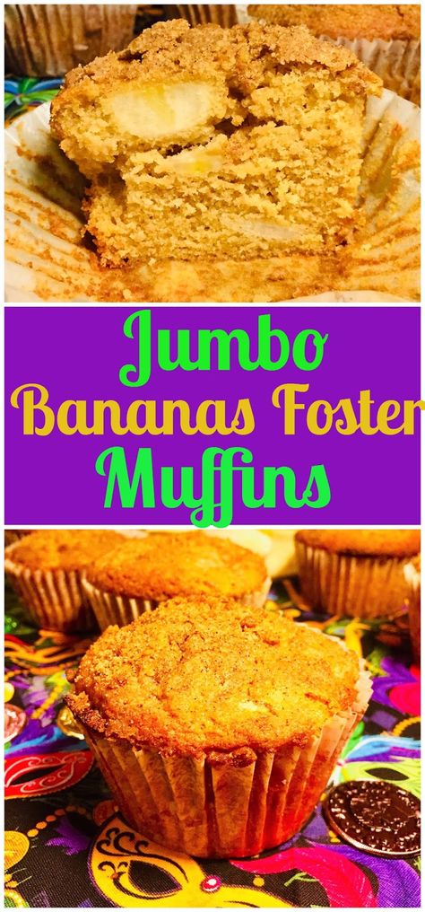 Jumbo Bananas Foster Muffins #mardigras #muffins #bananasfoster Oreo Muffins, Banana Foster, Jumbo Muffins, Baking Treats, Special Breakfast, Tasty Desserts, Caramelized Bananas, Bananas Foster, Sweet Rolls