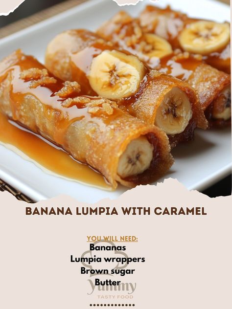 🍌 "Indulge in the sweet, crunchy, and gooey goodness of Banana Lumpia with Caramel—a Filipino favorite!" 🍌🍯 #FilipinoDesserts #SweetTooth Banana Lumpia with Caramel Ingredients: Bananas (4, ripe) Lumpia wrappers (8) Brown sugar (½ cup) Butter (2 tbsp) Oil (for frying) Caramel sauce (for drizzling) Instructions: Peel and slice the bananas in half lengthwise. Roll each banana slice in brown sugar, then wrap with a lumpia wrapper. Heat oil in a pan and fry the wrapped bananas until golden br... Baked Lumpia, Banana Lumpia, Lumpia Wrapper, Filipino Lumpia, Phillipino Food, Lumpia Recipe, Caramel Ingredients, Banana Butter, Fried Bananas