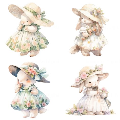 Rabbit Girl, Easter Bunny Girl, Watercolor Cute, Bunny Drawing, Victorian Flowers, Small Pictures, Cute Rabbit, Vestidos Vintage, Sublimation Png