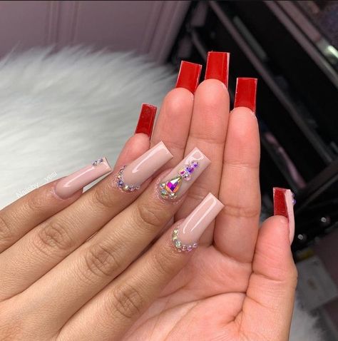 Nail Designs For Valentines Day With Initial, Red Tapered Square Nails Short, Pink Nails With Red Bottoms, Red Bottom Short Nails, Short Red Bottom Acrylic Nails, Red Bottom Nails Square, Red Short Acrylics, Red Bottom Nails Short, Red French Tip Nails With Rhinestones