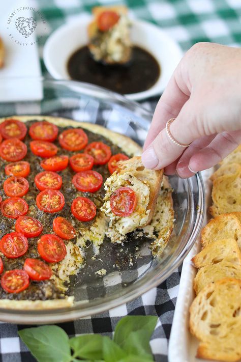 Warm Caprese Dip features ooey gooey cheese melted with pesto and topped with cherry tomatoes. An excellent appetizer idea for the holidays, game day, or any get-together! Caprese Appetizer, Spinach Artichoke Dip Easy, Cucumber Appetizers, Pesto Salad, Cherry Tomato Recipes, Summer Grilling Recipes, Appetizers Easy Finger Food, Best Appetizer Recipes, Delicious Appetizer Recipes