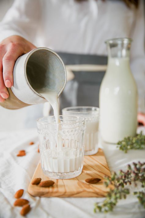 Naturally Sweetened Almond Milk — The Fond Life Dairy Products Photography, Milk Photography, Make Almond Milk, Spiced Almonds, Almond Milk Recipes, Homemade Almond Milk, Dairy Free Ice Cream, Nut Milk Bag, Vegan Milk