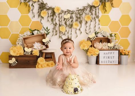 Honey Bee Photography Backdrop Yellow Floral Flowers | Etsy Bee Themed Smash Cake Photos, Bee Theme 1st Birthday Photoshoot, Bee Theme Photoshoot, Bee First Birthday Photoshoot, Bee Cake Smash Photoshoot, First Bee Day Cake Smash, 1st Bee Day Photoshoot, Bumble Bee Smash Cake, Bumble Bee First Birthday Girl