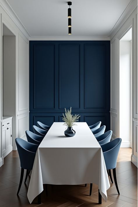 Narrow dining room with navy accent wall and white walls Dining Room With Navy Accents, Feature Dining Room Wall, Blue Feature Wall Dining Room, Two Tone Dining Room Walls Paint Colors, 2 Tone Dining Room Walls, Navy Blue Dining Room Walls, Blue Accent Wall Dining Room, Dining Room With Accent Wall, Accent Wall In Dining Room