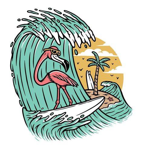 cute flamingo surfing the sea illustration Animal Surfing Illustration, The Sea Illustration, Cute Flamingo, Tropical Illustration, Sea Illustration, Camping Signs, Illustration Logo, Surf Board, Beach Design