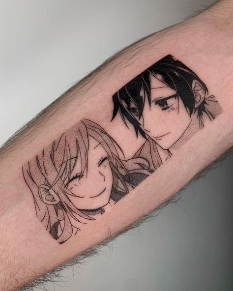 Bingo Stray Dogs Tattoo, Anime Scene Tattoo, Horimiya Tattoo Ideas, Horimiya Tattoo, Miyamura Tattoo, Manga Panel Tattoos, Samurai Tattoo Sleeve, Micro Realism, Husband Tattoo