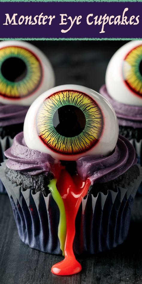 Halloween Monster Eye Cupcakes with Slimy Edible Goo Eye Ball Cupcakes, Homemade Edible Slime, Eye Cupcakes, Halloween Cupcakes Ideas, Dye Free Candy, Edible Eyeballs, Eyeball Cupcakes, Creepy Cupcakes, Soft Vanilla Cake