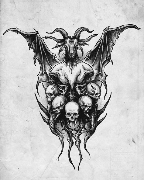 Schizo Tattoos, Scary Back Tattoos, Satanic Tattoo Demons, Devil Goat Tattoo, Baphomet Tattoo Design, Evil Tattoo Designs, Demonic Tattoos, Baphomet Tattoo, Satanic Tattoos