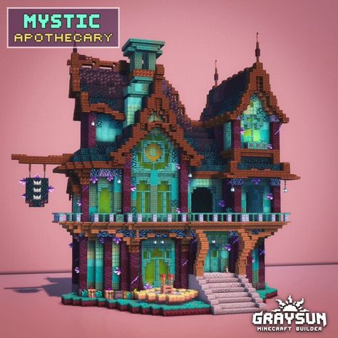 End Themed Builds Minecraft, Minecraft House Unique, Minecraft Crystal House, Minecraft Houses Nether, Whimsigoth Minecraft House, Witchy Minecraft House Tutorial, Minecraft Amythest Build, Minecraft Alchemist House, Minecraft Fantasy Builds Tutorial