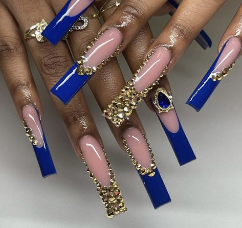 Blue N Gold Nails, Royal Blue Baddie Nails, Nails Royal Blue And Gold, Royal Blue And Gold Makeup Looks, Long Dark Blue Nails, Royal Nail Designs, Gold And Blue Nails Design, Royal Blue Nails Designs Coffin, Royal Blue Acrylic Nails Design