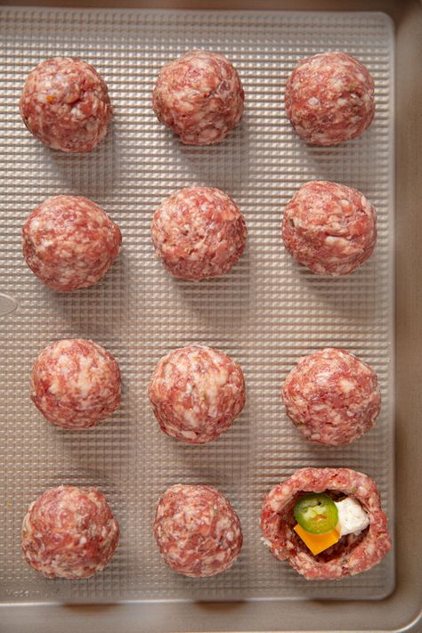 Jalapeno Popper Stuffed Meatballs are two delicious appetizers in one amazing bite, perfect for parties or hoagies! #stuffedmeatballs #meatballs #jalapeno #jalapenopoppers #cheese #cheddarcheese #creamcheese #dinnerthendessert Jalapeno Popper Meatballs, Jalapeno Meatballs, Avocado Salsa Verde Recipe, Spicy Appetizer Recipes, Meatballs Recipes, Stuffed Meatballs, Cheese Stuffed Meatballs, Jalapeno Popper Recipes, Spicy Appetizers