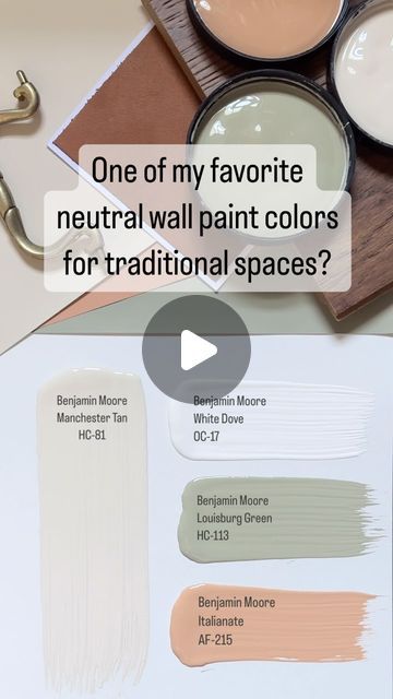 Karolina De Costa on Instagram: "One of my favorite sandy neutral wall paint colors?  Benjamin Moore Manchester Tan HC-81 - A sandy beige that is dark enough to stand up in large rooms with a good natural light.  It’s a beautiful choice for traditional spaces.   Here are three colors I would pair with this neutral shade - either in adjoining rooms or in accessories.  Benjamin Moore WHITE DOVE OC-17: This creamy off-white has a hint of gray for softness - perfect if you’re looking for a warm white on walls, woodwork or cabinets.  Benjamin Moore LOUISBURG GREEN HC-113: This earthy mid-tone green is slightly moody thanks to a hint of gray.  Benjamin Moore ITALIANATE AF-215:  A warm terra cotta with a hint of muted peach that adds a cozy glow to any space.  Don’t forget to check out my Stories Benjamin Moore Louisburg Green, Neutral Wall Paint Colors, Louisburg Green, Benjamin Moore Manchester Tan, Manchester Tan Benjamin Moore, Neutral Wall Paint, Manchester Tan, Warm Neutral Paint Colors, Neutral Wall Colors