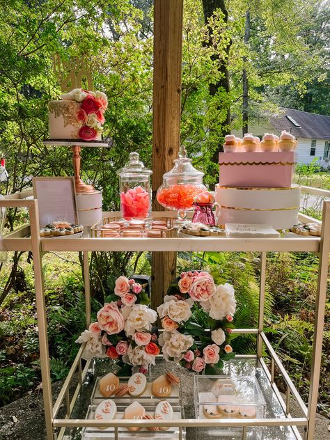 Dessert Bar Set Up, Bar Cart Cake Table, Bar Cart Dessert Table, Dessert Bar Cart, Rocnation Brunch Decor, Raisa Wedding, Dessert Cart Ideas, Champagne Color Dessert Table, Mini Dessert Bar