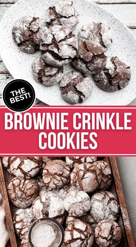 Brownie Crinkle Cookies  are one of the most perfect cookie inventions EVER! It starts with a box brownie mix, so it is super simple and ends with sheer chocolatey bliss. Cookie Brownies From Mix Boxes, Boxed Brownie Cookies, Brownie Box Cookies, Brownie Crackle Cookies, Cookies Out Of Brownie Mix How To Make, Cookies Made From Brownie Mix Boxes, Recipes With Brownie Mix Boxes, Brownie Cookies From Mix Boxes, Chocolate Brownie Crinkle Cookies