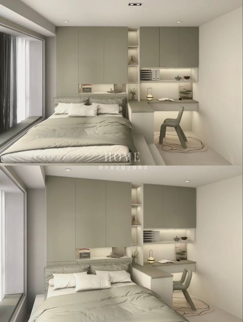 Small Bedroom Layout Minimalist, Rectangular Room Layout Bedrooms, Bed One Person, Limited Space Bedroom, Small Bedroom Furniture Layout, Single Bedroom Design, Smart Bedroom Ideas, Small Room Design Ideas, Compact Room