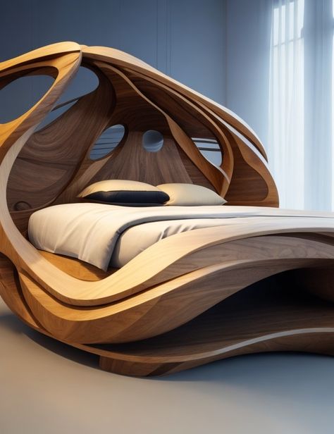 Futuristic Wooden Furniture, Futuristic Wooden Bed, Wooden Bed, Wood working Ideas Biophilic Furniture, Futuristic Bed, Unusual Beds, Contemporary Beds, Fine Woodworking Furniture, Concept Furniture, Interior Design Sketchbook, Geometric Furniture, Box Bed Design