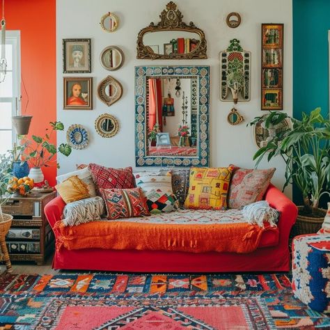 Eclectic bohemian living room with vibrant red sofa, patterned throw pillows, gallery wall with artwork and mirrors, and lush green plants. Eclectic Living Room Green Couch, Afrohemian Decor Living Room, Red Sofa Living Room Color Schemes, Red Couch Aesthetic, Red Couch Living Room Ideas, Boho Living Room Red Couch, Orange Couch Living Room, Red Vintage Couch Living Rooms, Orange Couch Maximalist