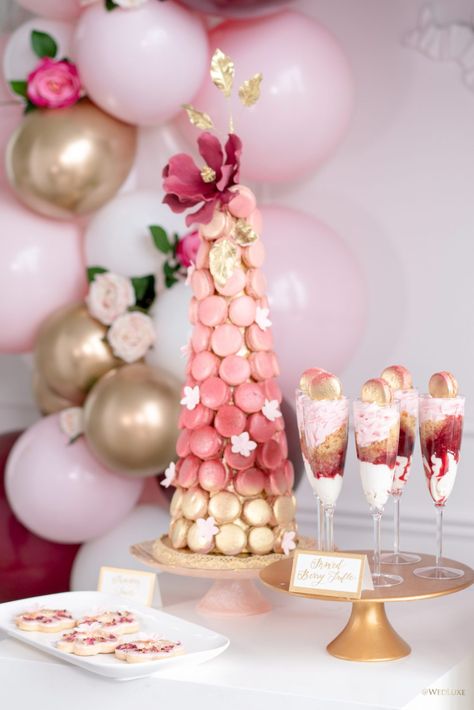 La Vie En Rose - WedLuxe Magazine  #desserts #macarontower Couture Hair Accessories, Christmas Magazine, Rose Wedding Theme, Maggie Cheung, Rose Birthday, Macaron Tower, Designer Hair Accessories, Mood For Love, Rosé Birthday