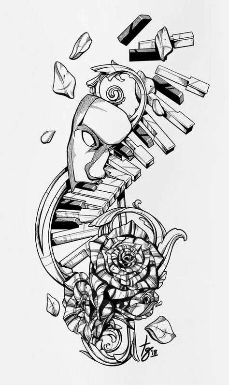 Music Art Drawing Creative, Music Drawings Ideas Creative, Music Inspired Drawings, Music Sketches Creative, Jazz Tattoo Ideas, Piano Tattoo Designs, Music Art Ideas, Phantom Of The Opera Tattoo, Music Sketches