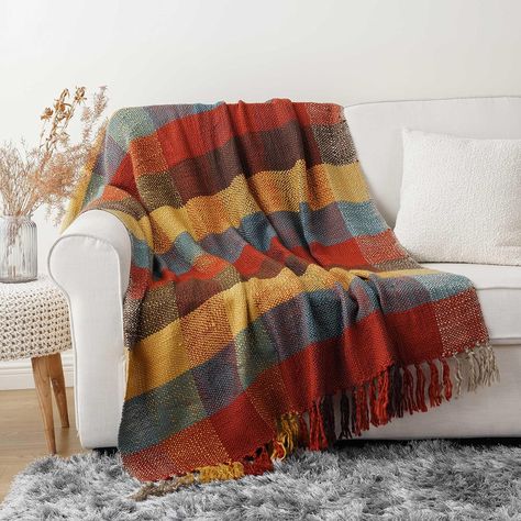 BATTILO HOME Fall Plaid Throw Blanket for Couch, Colorful Throw Blankets, Orange Checkered Throw Blanket for Chair Bed Sofa Rustic Home Decor Fall Decor, 50"x60" Orange Throw Blanket, Fall Throw Blanket, Fringe Throw Blanket, Plaid Throw Blanket, Colorful Blanket, Blanket For Couch, Plaid Throw, Woven Throw Blanket, Hygge Home