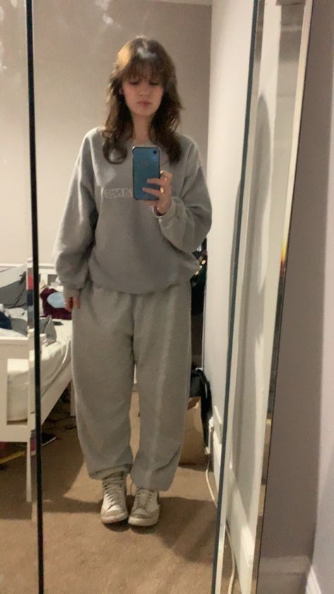 Oversized Shirt And Sweatpants Outfit, Comfy Outfits Sweats, Baggy Shirt And Sweatpants, Baggy Gray Sweatpants Outfit, Sweatpants And Long Sleeve Outfit, Oversized Hoodie And Sweatpants Outfit, Comfy Masc Outfits, Sweatpants And Oversized Shirt, Cardigan And Sweatpants Outfit