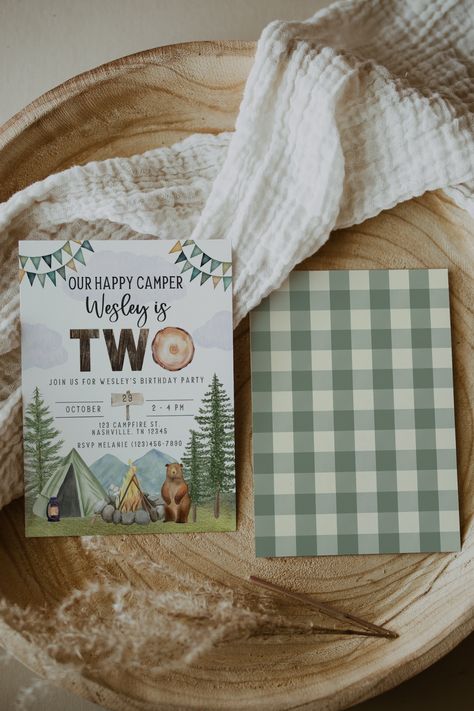 Happy Camper Birthday Party, One Happy Camper, 2nd Birthday Invitations, Camping Birthday, Fourth Birthday, Camping Theme, Birthday Invitation Template, 1st Birthday Invitations, First Birthday Invitations